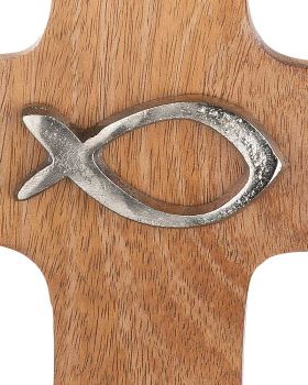 Wandkreuz 1,5 x 13 x 19 cm Mangoholz mit Fisch silber