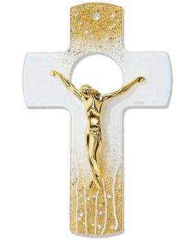 Wandkreuz Glas, 34 x 22 cm weiß - gold mit Christus