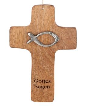 Wandkreuz 1,5 x 13 x 19 cm Mangoholz mit Fisch silber