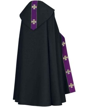 Rauchmantel schwarz, violette Bordüre mit Kreuzen
