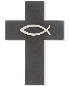 Wandkreuz 23 x 15 cm Schiefer mit Fischsymbol