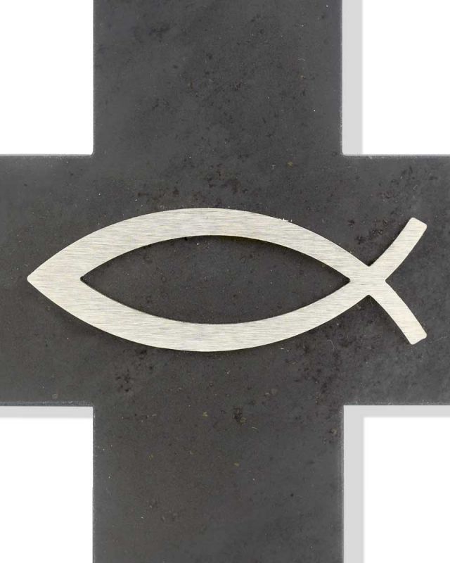 Wandkreuz 23 x 15 cm Schiefer mit Fischsymbol