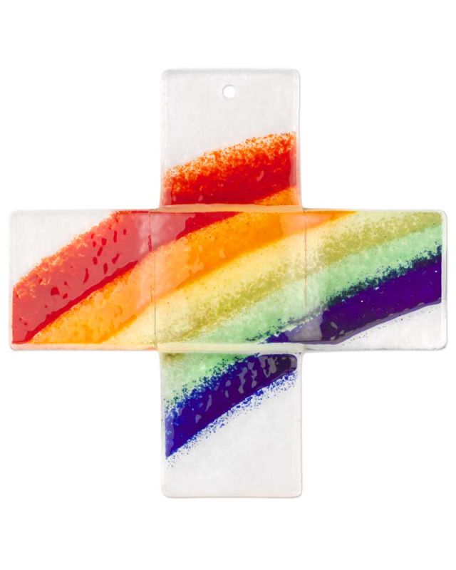 Glaskreuz Regenbogenmotiv 15 x 15 cm x 4 cm