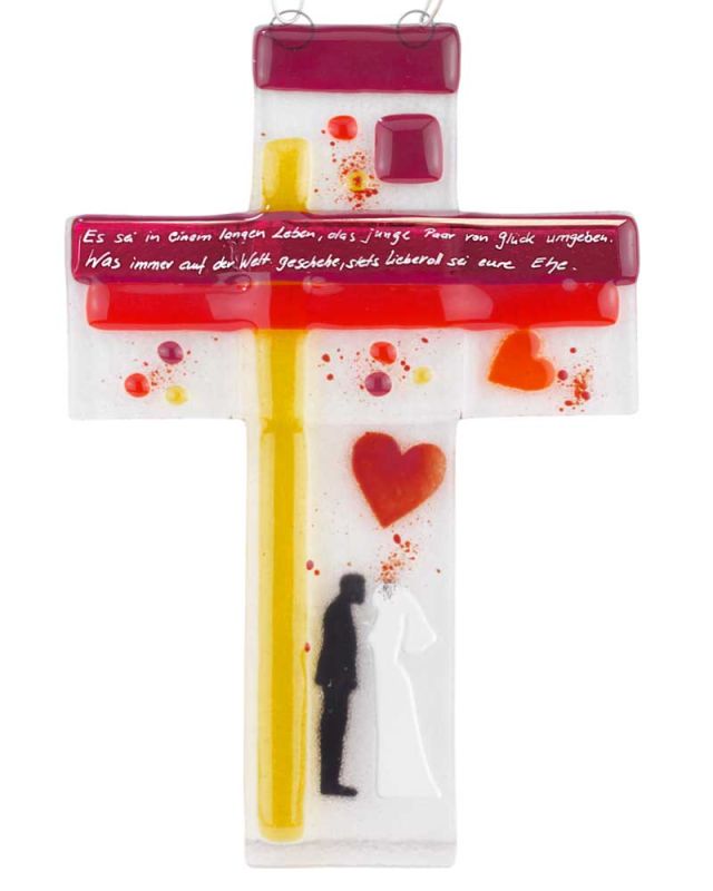 Hochzeitkreuz 26 x 19 x 6,5 cm Glas Fusing rot & gelb