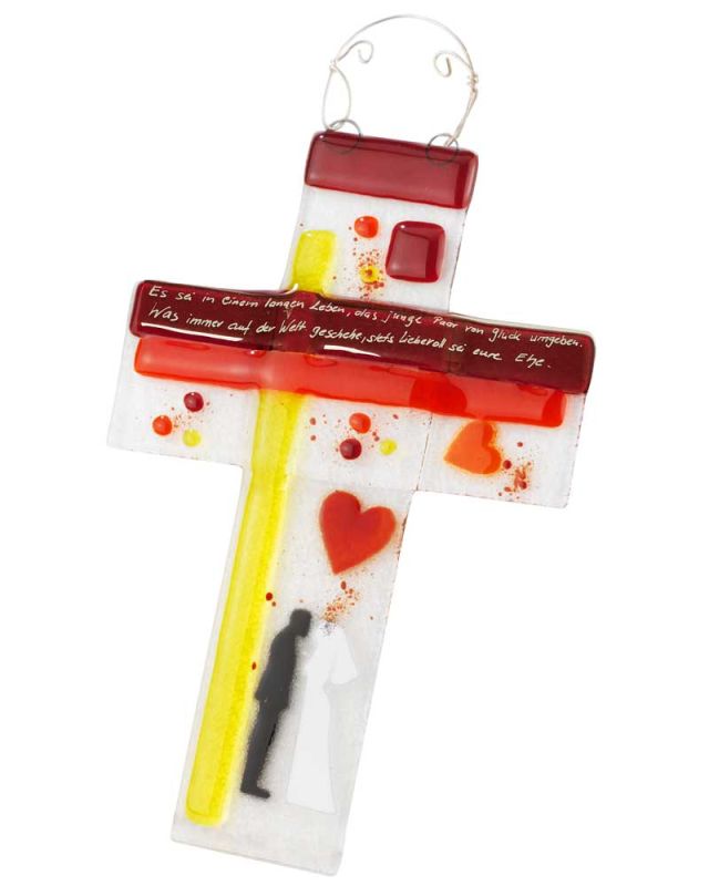 Hochzeitkreuz 26 x 19 x 6,5 cm Glas Fusing rot & gelb