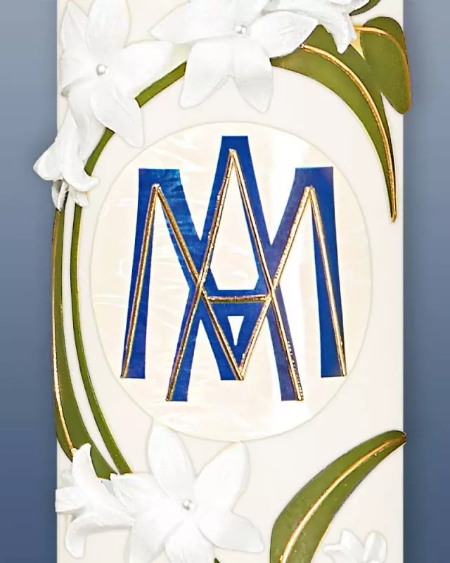 Marienkerze 600 x 80 mm Ave Maria mit Liliendekor