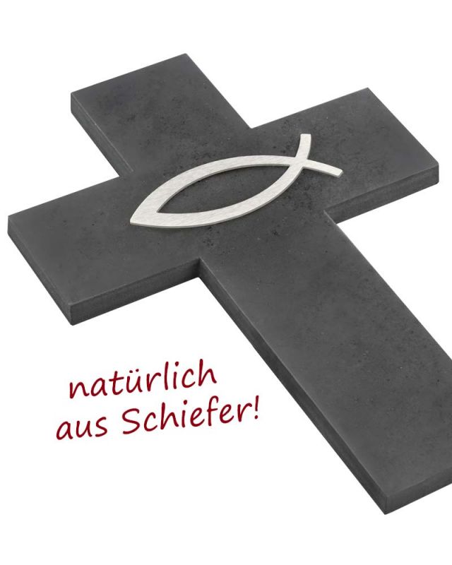 Wandkreuz 23 x 15 cm Schiefer mit Fischsymbol