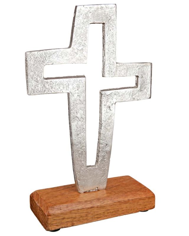 Standkreuz 17 x 10 cm Aluminium, Fuß Mangoholz